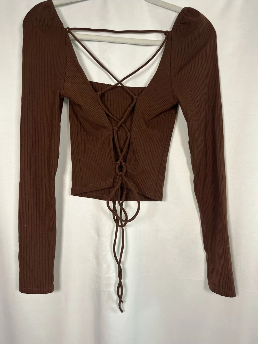 Reformation Chrissy open tie back cafe brown ribbed long sleeve crop top sz s